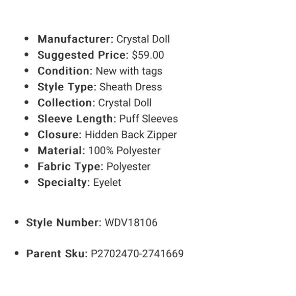 NWT, Crystal Doll,‎ White Woven Eyelet Mini Sheath Dress, lined - Picture 7 of 10